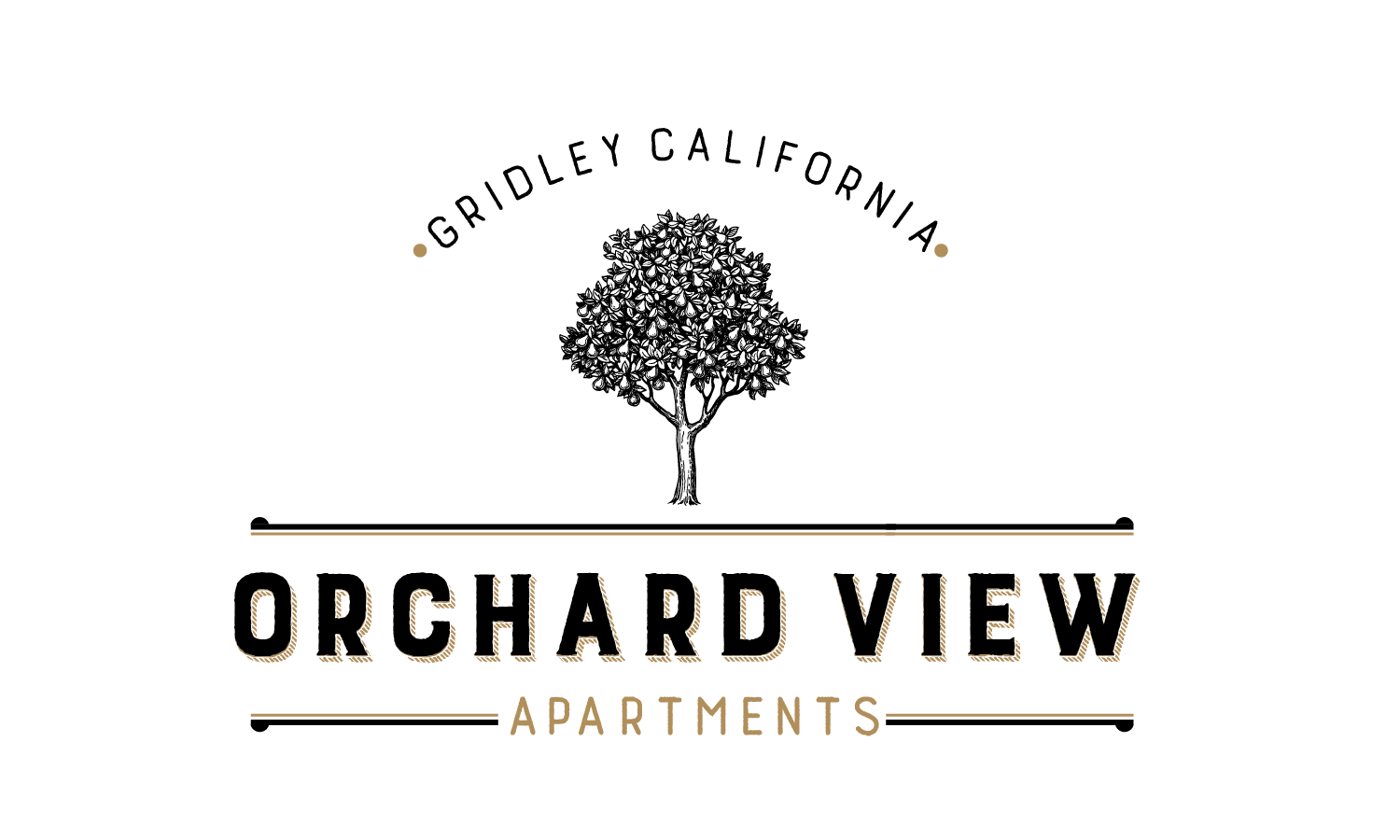 a logo for orchard view apartments with a tree